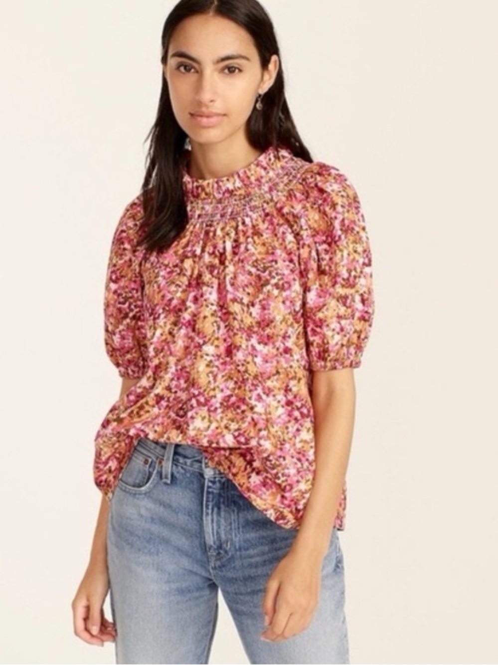 J.Crew Smocked neck puff-sleeve top in faded floral / Size S